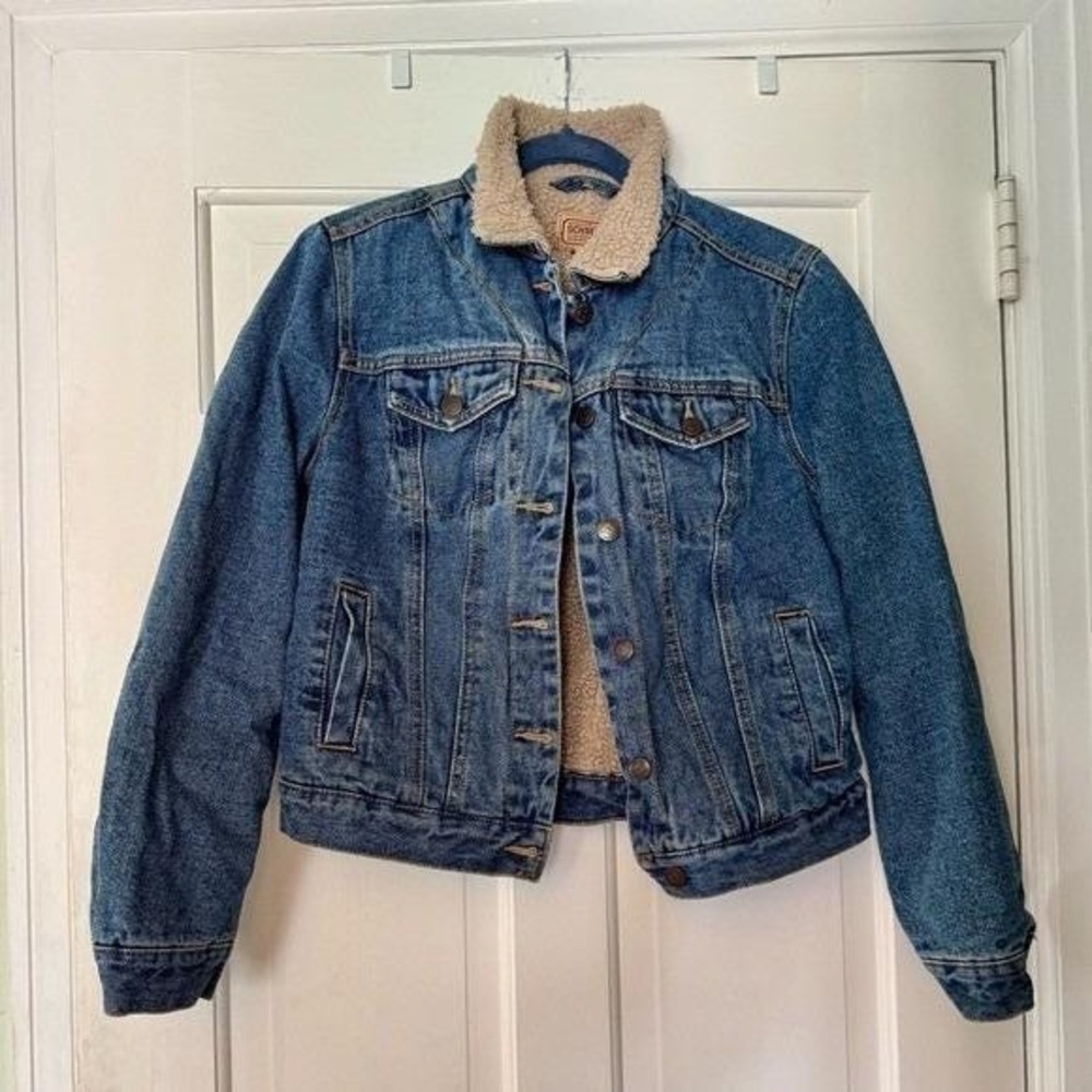 C.E. Schmidt Denim Jacket Sherpa Blue Cream Small Vintage 1990s Cabin Grunge